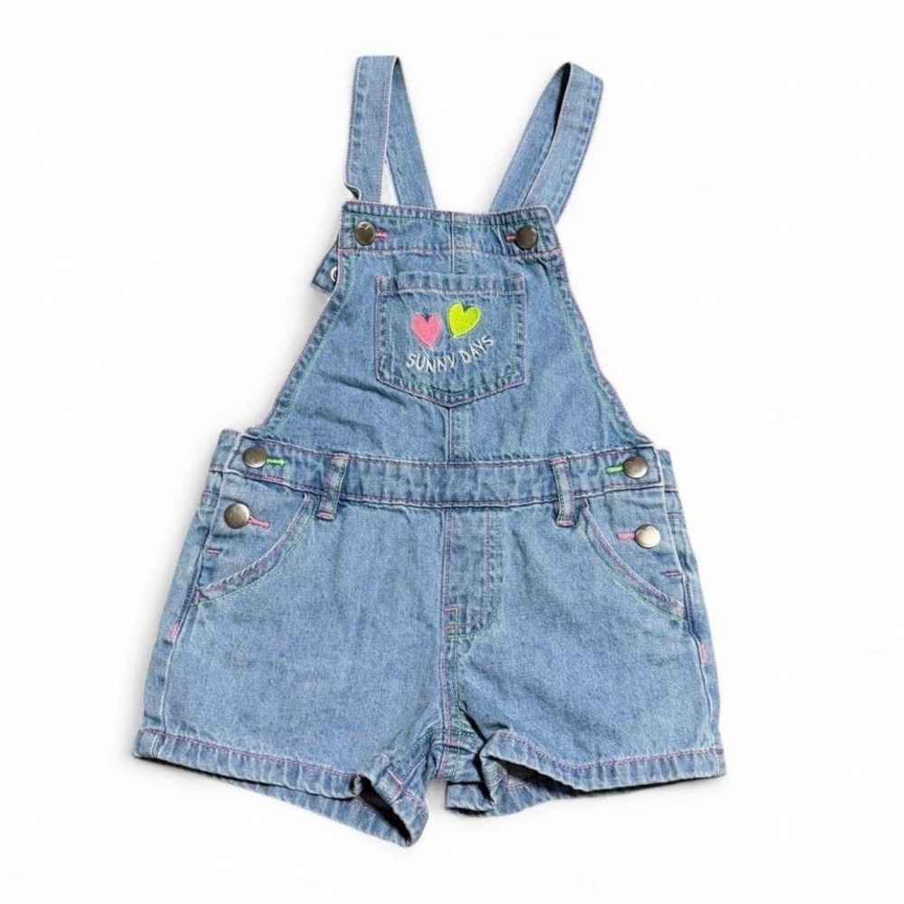 365‎ Kids Garanimals Denim Short Overalls Girls Size 5 Sunny Days Hearts